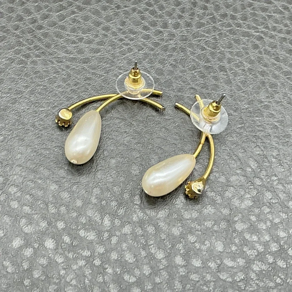 Gold Tone Teardrop Faux‎ Pearl Rhinestone Dangle Drop Earrings Womens Costume
